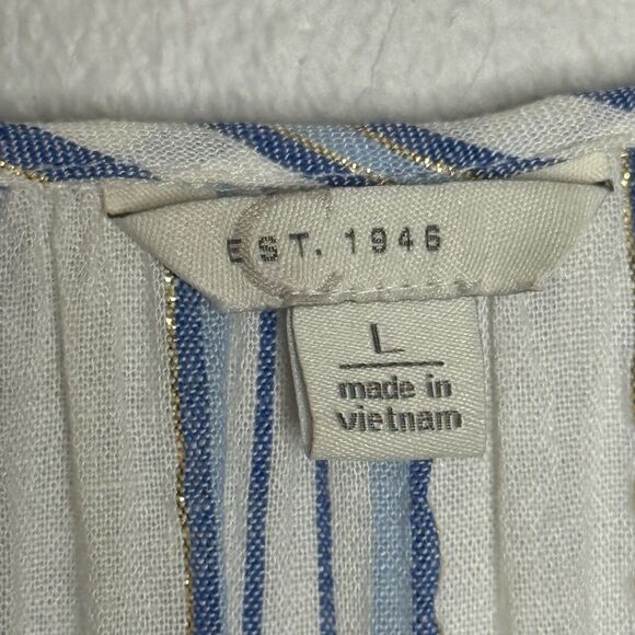 Cato Womens Blouse Large White Blue Gold Striped Boho‎ Ruffle Coastal Nautical - Picture 3 of 9